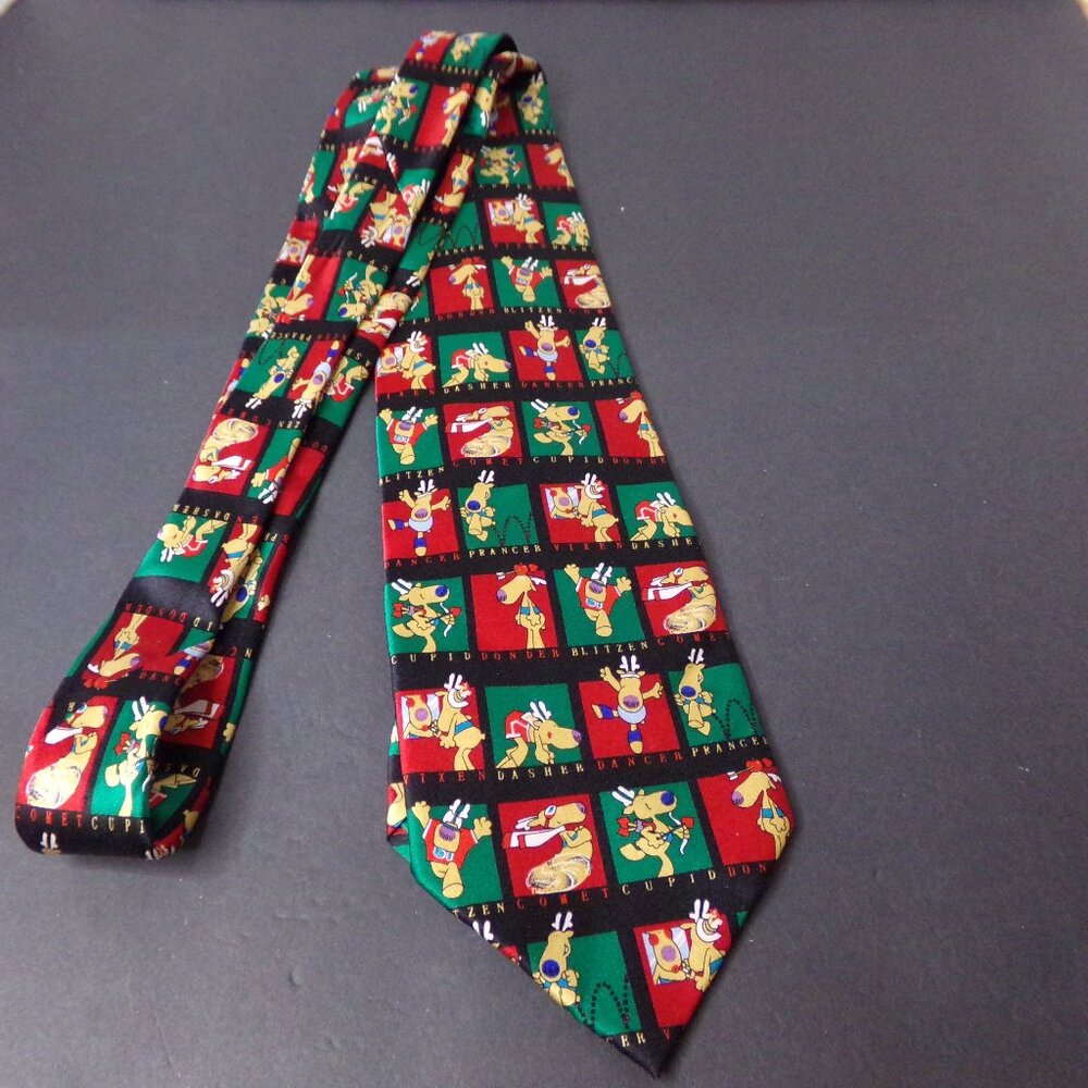 Men's Green Christmas Reindeer Necktie Happy Holiday Funny Silk Handmade